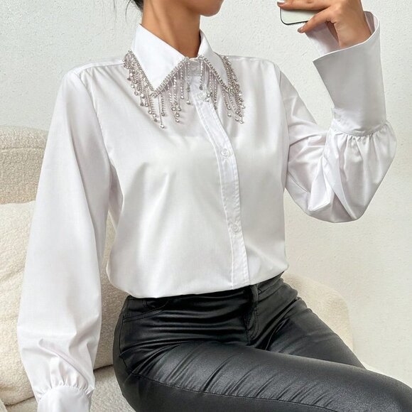 . Tops - White Preppy Women's Rhinestone Decor Fringed Lantern Sleeve Shirt